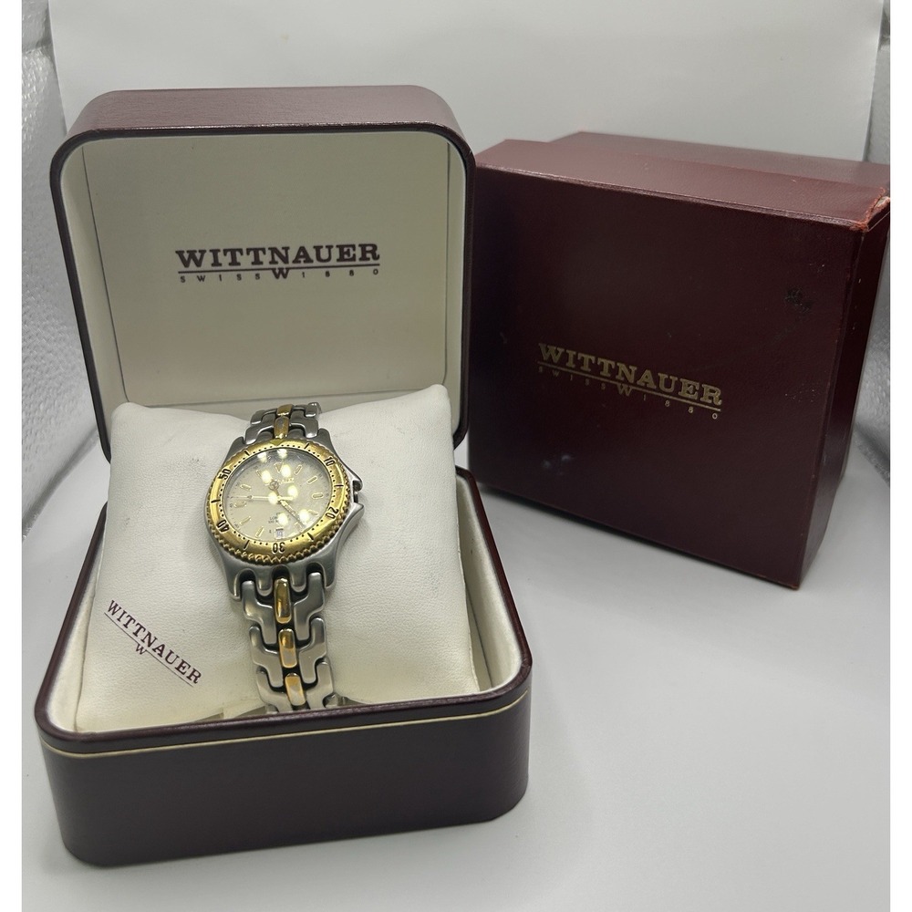 Vintage Wittnauer TT  Longlife 100m‎ Time Date Quartz Two Tone Men Watch W Box